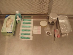Sporen, steriles Wasser und Werkzeug im Labor
